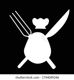 Eggs with shadows, along with  kitchen hat and knife, fork isolated on  black background