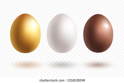 Eggs with shadows made in realistic style isolated on transparent background in a row. Gold, white and chocolate Easter egg. Vector illustration.