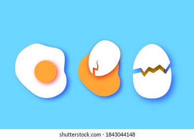 Eggs in shell, crack, half. Broken egg and yolk. Farm products. Fast food. Natural product. Omelet papercut style. Blue background.