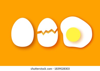 Eggs in shell, fried, half. Broken egg and yolk. Farm products. Fast food. Natural product. Omelet papercut style. Orange background.