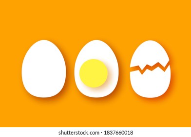 Eggs in shell, half. Broken egg and yolk. Farm products. Fast food. Natural product. Orange background.