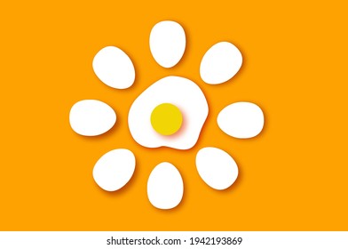 Eggs in shell, half, crack. Broken egg. Farm products. Fast food. Natural product. Orange background.