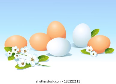 eggs and spring flowers on blue background