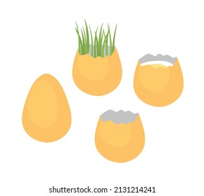 Eggs, sprouting grass in an eggshell. Vector isolated colorful element. 