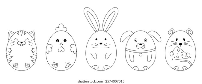 Eggs that look like different animals. Coloring book. Easter children's illustration for coloring.