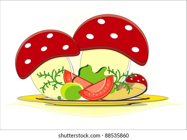 eggs with tomato in mushroom and vegetables on dish