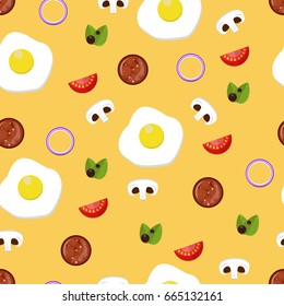 Eggs, tomato, mushrooms, salami. Vector illustration. Seamless pattern.