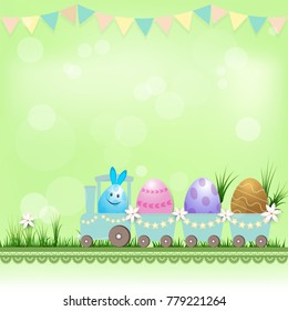 Eggs in the train and party flags Easter day on green background