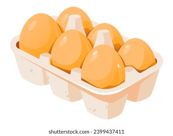 Huevos en una bandeja. Huevos de pollo en un contenedor de almacenamiento. Ilustración vectorial de dibujos animados