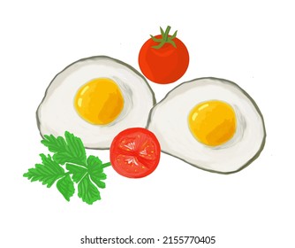 Huevos, dos glaseados de huevo, tomate y verduras, ilustración de color sobre un fondo blanco