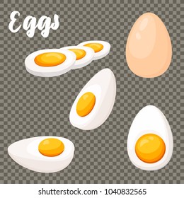 Eggs in various forms. Set of boiled, half, sliced eggs.