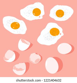 Eggs vector flat cartoon set isolated on background. Top view illustration.