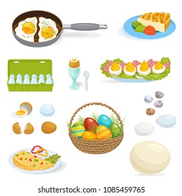 Eggs vector healthy food for breakfast omelet with eggwhite and eggyolk in egg-shell ingredients illustration set of egg-shaped easter symbol isolated on white background