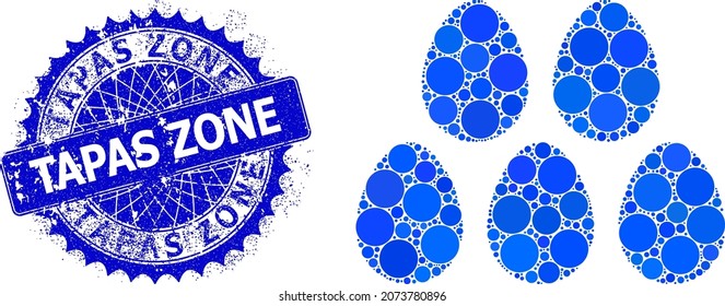 Eggs vector mosaic of dots in variable sizes and blue color hues, and rubber Tapas Zone stamp seal. Blue round sharp rosette stamp seal has Tapas Zone caption inside it.