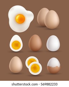 Eggs vector set. Boiled, sliced, cracked, raw, roasted