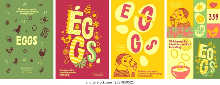 Eggs. Vibrant egg-inspired designs with hand-drawn details and lively colors, ideal for product branding, packaging, and promotional materials.