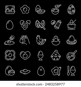 Eggs, white line icons. Different types of cooking eggs, raw, fried, and boiled. culinary and food service themes. Symbols on black background. Editable stroke.