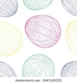 Eggs with wire frame, pattern style seamless pattern. 3D egg shape. Multicolored lines of Easter eggs isolated on white background.Vector illustration