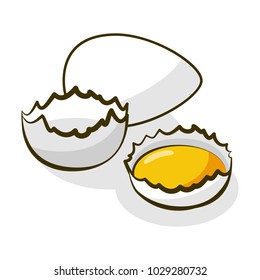 Eggs. Yolk in broken eggshell and protein hand drawing illustration. A natural product is a sketch.