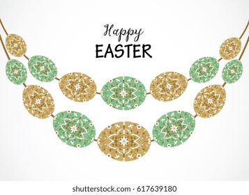 ?Ornamental eggs for your Easter design.  Decor for invitations, greeting cards. Ornate pattern for  template. Easter eggs strung on a string. Beads .