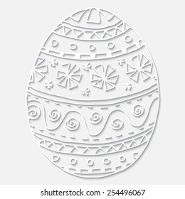 Egg-shape 3D white paper pattern. Abstract Happy Easter Doodle Form of Egg. Vector Illustration. Easter Template Design, Paper-cut Greeting Card with Shadows. Ethnic Doodles Pattern.