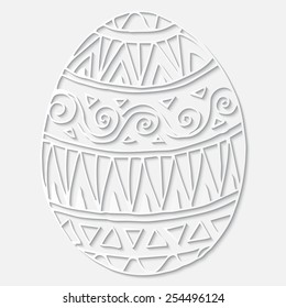 Egg-shape 3D white paper pattern. Abstract Happy Easter Doodle Form of Egg. Vector Illustration. Easter Template Design, Paper-cut Greeting Card with Shadows. Ethnic Doodles Pattern.