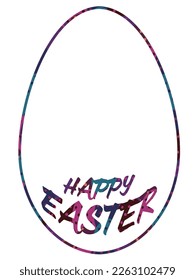 Egg-shaped frame with colorful pattern lines on white paint and Happy Easter text material