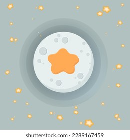 an egg-shaped moon with a star instead of a yolk, surrounded by stars in the light blue sky