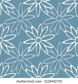 Eggshell Blue with Line Art White Daisies Seamless Pattern background Stock Vector