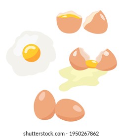 eggshell and broken egg, scrambled eggs on an isolated background in the flat style.the chicken egg is whole .set of chicken eggs