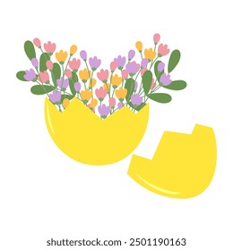 Eggshell part with floral bouquet inside in trendy soft hues. Spring or Easter composition Isolated