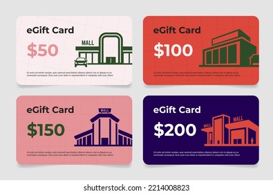 Egift card shopping mall promo reward loyalty program free surprise voucher set vector illustration. Greeting award emoney present prize collect bonus redeem flyer commercial purchase special offer