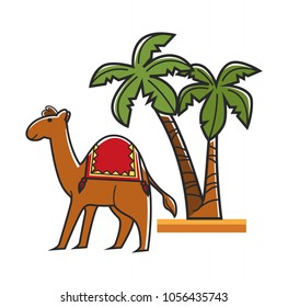 Egiptian camel with saddle and tall tropical palms