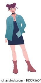 E-girl Wears Trendy Outfit. Subcultural Woman In Modern Outfit With Odango Hair, Short Slip Dress And Shirt Jacket. Fashion Sketch Of Stylish Female Outfit For Autumn Or Spring