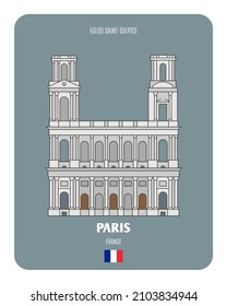 Eglise Saint-Sulpice in Paris, France. Architectural symbols of European cities. Colorful vector 