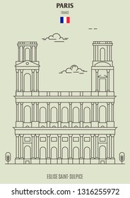 Eglise Saint-Sulpice in Paris, France. Landmark icon in linear style