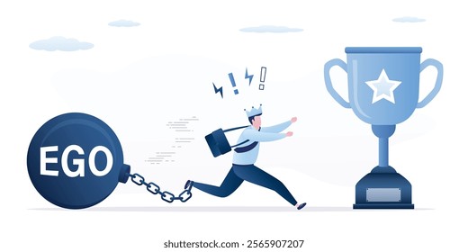 Ego burden gets in the way of success. Narcissism and self-involvement problem. Self-esteem and the most important. Confident businessman wear crown like king and chain with heavy weight ball - EGO.