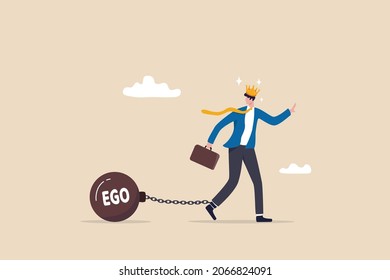 Ego burden, too much confident boss, narcissism and self involvement problem, self esteem and self important mistake concept, confidence businessman wear king crown chain with heavy EGO burden weight.