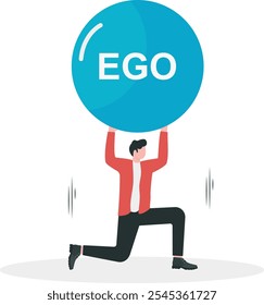 Ego-Last, zu viel selbstbewusste Chef, Narzissmus und Selbstbeteiligung Problem, Selbstwertgefühl und selbst wichtige Fehler Konzept, Vertrauen Geschäftsmann tragen König Kronenkette mit schweren EGO Last Gewicht.