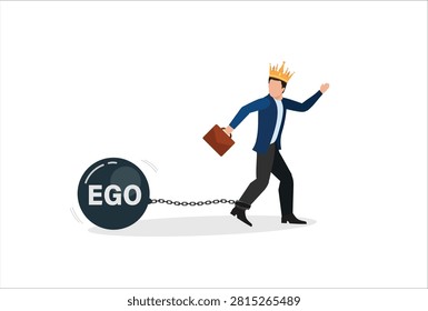 Ego burden, too much confident boss, narcissism and self involvement problem, self esteem and self important mistake concept, confidence businessman wear king crown chain with heavy EGO burden weight.