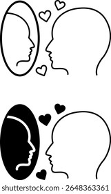Ícones De Ego. Ilustração de vetor em preto e branco. Homem Admirando-Se No Espelho. Autoconfiança, Narcisismo, Saúde Mental. Psicologia do Conceito