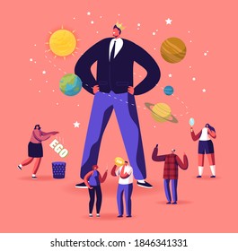 Ego, Narcissistic Self Love Behavior Concept. Tiny Male Female Characters around of Huge Egocentric Macho Man Wearing Crown on Head. Psychological Disorder Symptom. Cartoon People Vector Illustration