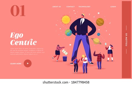 Ego, Narcissistic Self Love Verhalten Landing Page Template. Winzige Figuren um den riesigen Egozentrischen Macho Mann tragen Krone auf dem Kopf. Psychologische Störung Symptom. Vektorgrafik von Cartoon People