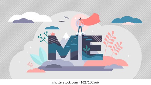 Ego personal mental focus, flat tiny super hero person vector illustration. Self centered person social and business destructive behavior. Employees oppressed by egocentric boss and success delusion. svg