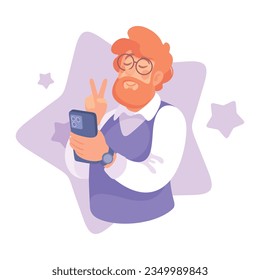 Ego with Self Confident Bearded Man Character Taking Selfie with Smartphone Vector Illustration