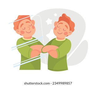 Ego with Self Confident Boy Character with Folded Arms Look in Mirror Satisfied with His Appearance Vector Illustration