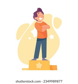 Ego with Self Confident Boy Character with Folded Arms Stand on Pedestal Vector Illustration