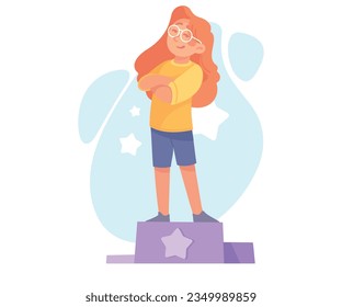 Ego con auto-confianza de personaje femenino con brazos doblados sobre Pedestal satisfecho con su ilustración vectorial de apariencia