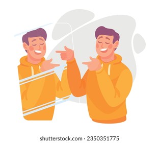 Ego with Self Confident Man Character Point at His Reflection in Mirror Vector Illustration