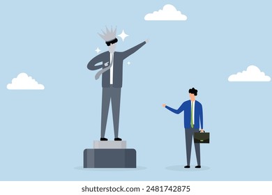 Ego, self important, businessman looks at statue of his self success and thinks about his ego.